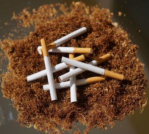 High angle view of cigarettes on table