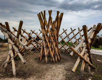 Wooden fence on field against sky