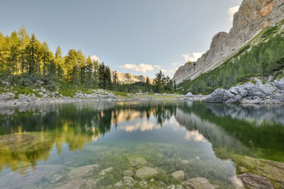 Scenic view of lake and mountains against sky