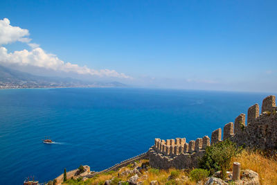 High angle view of sea and cityscape against sky