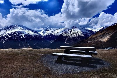 Scenic view of snow covered mountains against sky