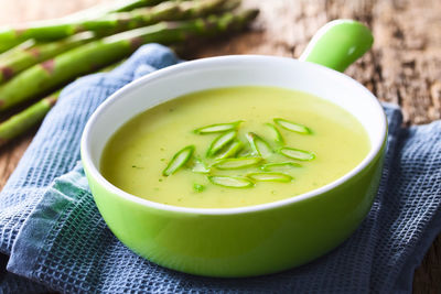 High angle view of soup in bowl on table