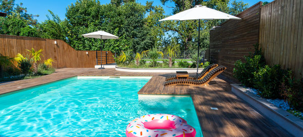 High angle view of swimming in pool
