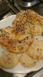 High angle view of bread in plate on table