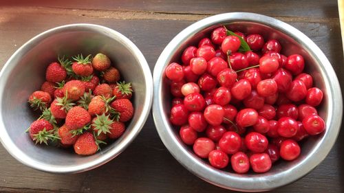 High angle view of strawberries in bowl on table