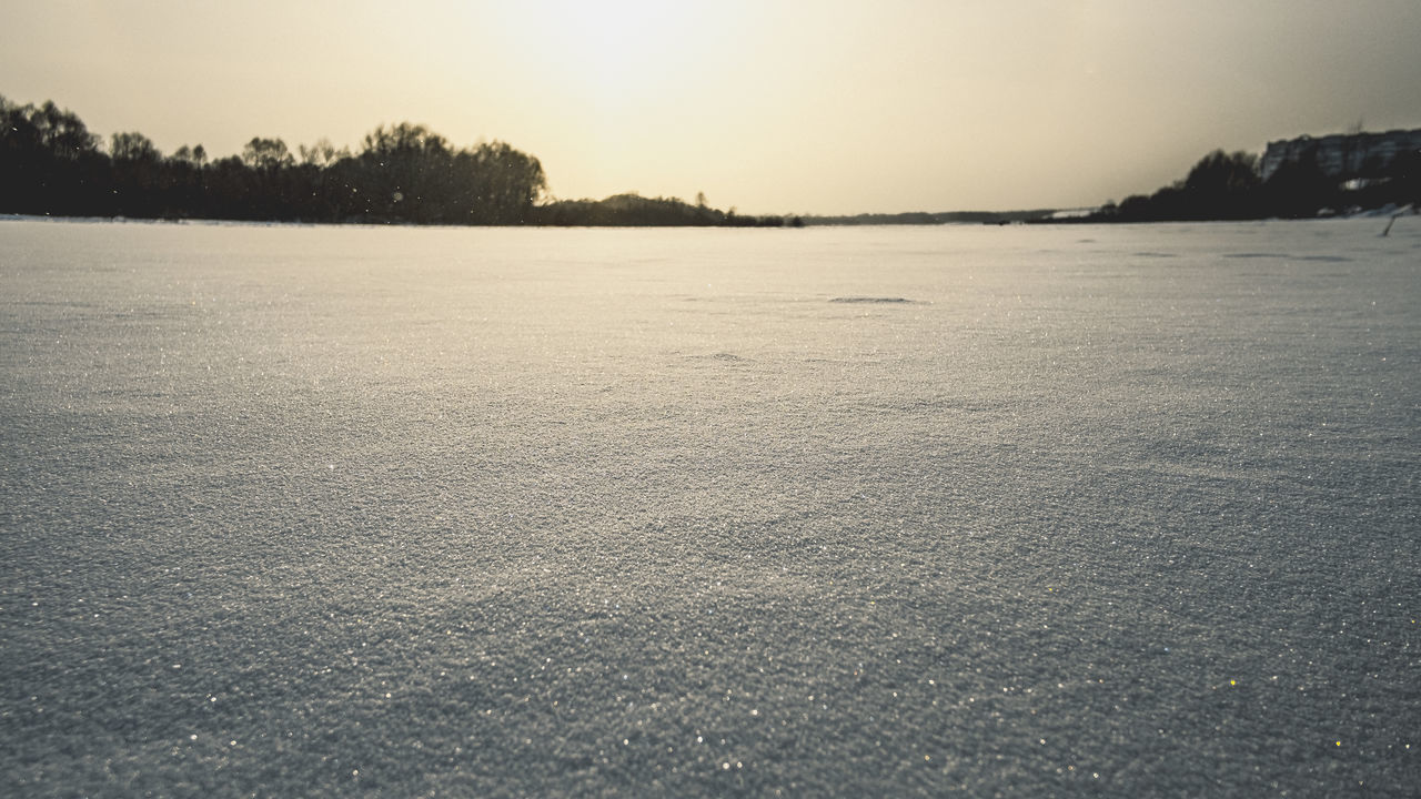 SCENIC VIEW OF FROZEN LAKE AGAINST CLEAR SKY