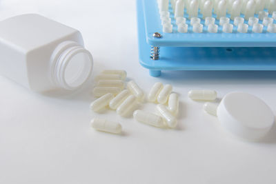 High angle view of bottles on table