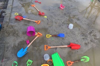 High angle view of toys on floor