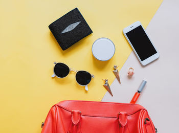 High angle view of mobile phone on table