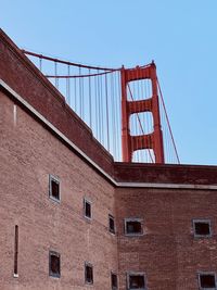 Low angle view of suspension bridge against sky