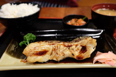 High angle view of food in plate on table