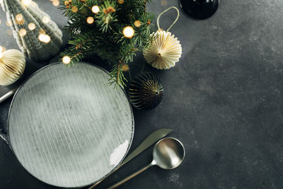 High angle view of christmas decorations on table