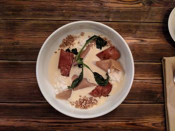 High angle view of food served on table