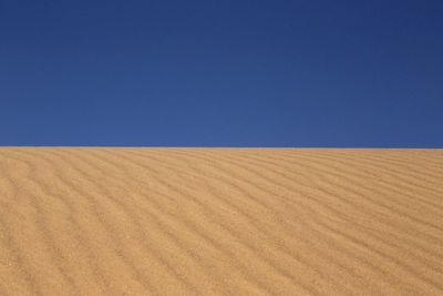 Scenic view of farm against clear blue sky