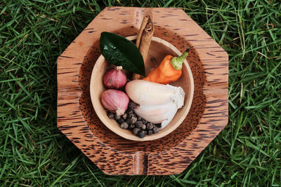 High angle view of spice in plate on table