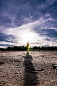 Rear view of man standing on field against sky