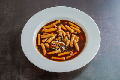 High angle view of noodles in bowl on table