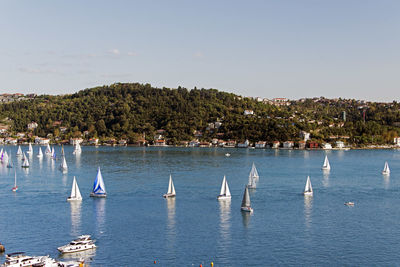 Sailing boats and yachts in bosporus cup in istanbul, turkey