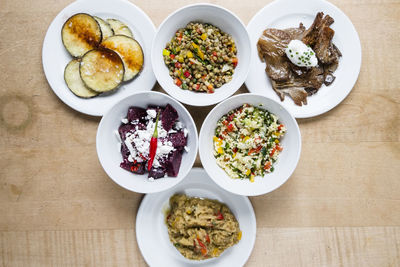 High angle view of breakfast served on table