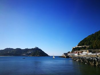 Scenic view of sea and mountains against clear blue sky