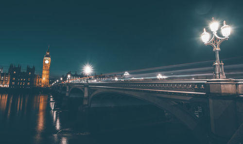 Illuminated bridge over river at night