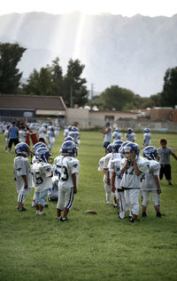 People on grassy field