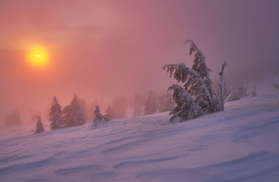 Snow covered landscape against sky during sunset