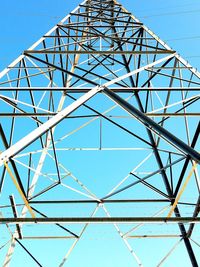 Low angle view of metallic structure against blue sky