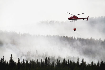 Helicopter dumping water on forest fire