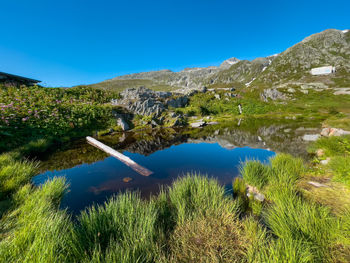 Scenic view of mountains against clear blue sky