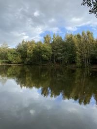 Reflection of trees in lake against sky