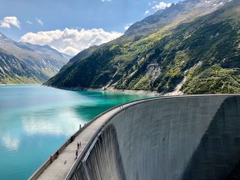 High angle view of dam against mountains