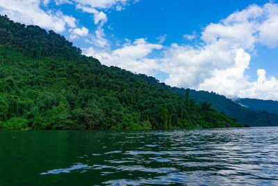 Scenic view of river by tree mountains against sky