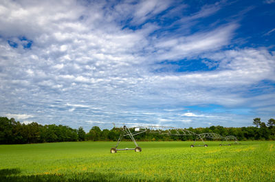 Scenic view of golf course against sky