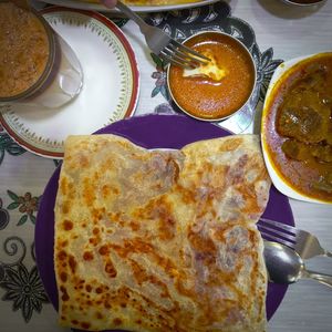 High angle view of breakfast served on table