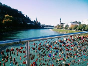 Panoramic view of people on bridge against clear sky