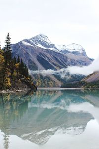 Scenic view of lake and snowcapped mountains against sky