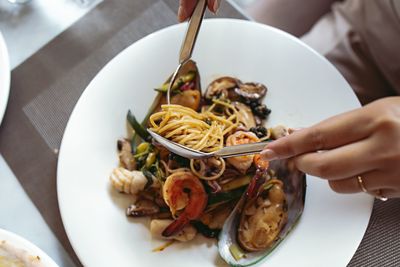 Midsection of person holding food served in plate