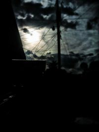 Low angle view of power lines against cloudy sky