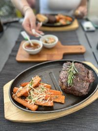 High angle view of food in plate on table