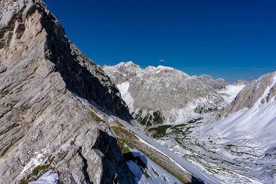 Scenic view of snowcapped mountains against clear blue sky