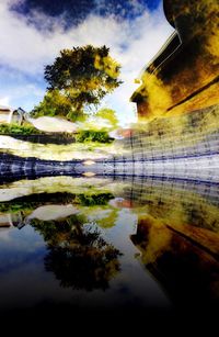 Reflection of trees in lake against sky