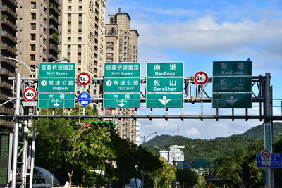 Information sign on road by buildings against sky