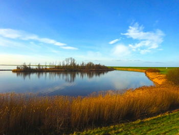 Scenic view of lake against cloudy sky