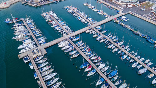 High angle view of ship moored at harbor