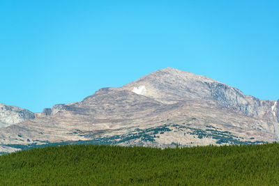 Scenic view of mountains against clear blue sky