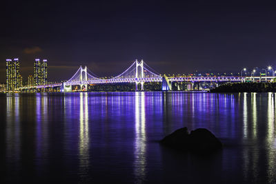 Illuminated bridge over river in city at night