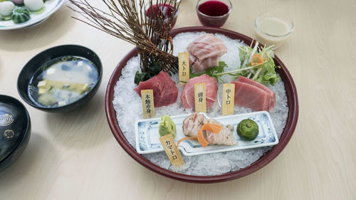 High angle view of food in plate on table