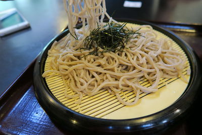 High angle view of noodles in bowl on table