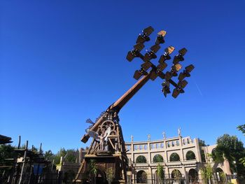 Low angle view of cross against clear blue sky